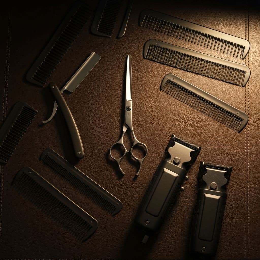 Professional barber tools arranged on leather